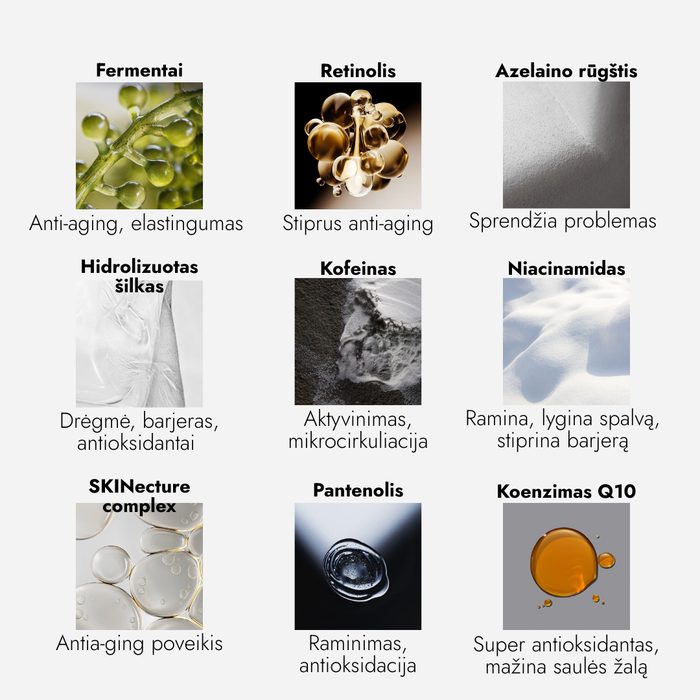 Serumų aktyvios medžiagos: fermentai, retinolis, kofeinas, niacinamidas ir kitos